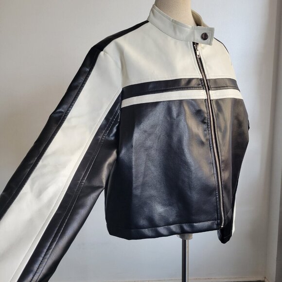 SHEIN Easy Wear Color Block B/W Vegan Leather Jacket (Size 8/10) - Picture 5 of 14